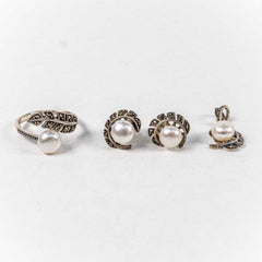 Set Bijuterii STILL Argint 925 - Pandantiv,  Inel,  Cercei, Perle de Cultura si Marcasite, Marime Inel 7, Alb Sidefat