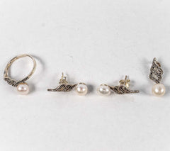 Set Bijuterii STILL Argint 925 - Pandantiv,  Inel,  Cercei, Perle de Cultura si Marcasite, Marime Inel 8, Alb Sidefat