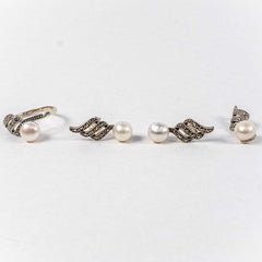 Set Bijuterii STILL Argint 925 - Pandantiv,  Inel,  Cercei, Perle de Cultura si Marcasite, Marime Inel 8, Alb Sidefat