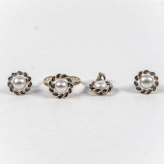 Set Bijuterii STILL Argint 925 - Pandantiv,  Inel,  Cercei, Perle de Cultura si Marcasite, Marime Inel 8, Alb Sidefat