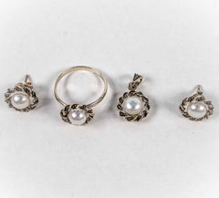 Set Bijuterii STILL Argint 925 - Pandantiv,  Inel,  Cercei, Perle de Cultura si Marcasite, Marime Inel 8, Alb Sidefat