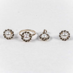 Set Bijuterii STILL Argint 925 - Pandantiv,  Inel,  Cercei, Perle de Cultura si Marcasite, Marime Inel 8, Alb Sidefat