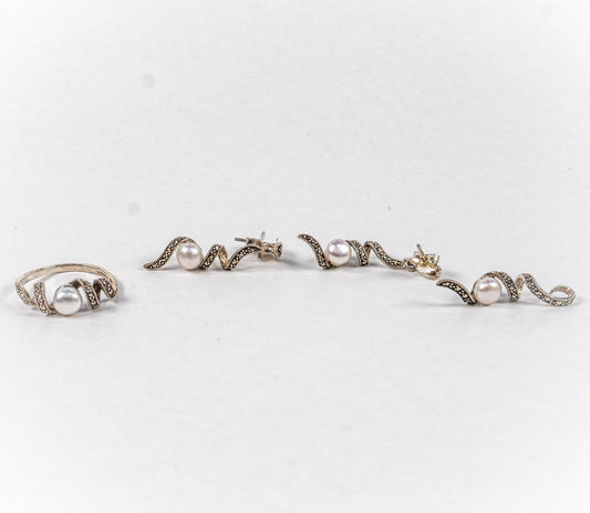 Set Bijuterii STILL Argint 925 - Pandantiv,  Inel,  Cercei, Perle de Cultura si Marcasite, Marime Inel 6 , 8 si 9 Alb Sidefat