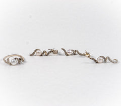 Set Bijuterii STILL Argint 925 - Pandantiv,  Inel,  Cercei, Perle de Cultura si Marcasite, Marime Inel 7, Alb Sidefat