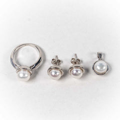 Set Bijuterii STILL Argint 925 - Pandantiv,  Inel,  Cercei, Perle de Cultura, Marime Inel 7, Alb Sidefat