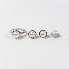 Set Bijuterii STILL Argint 925 - Pandantiv,  Inel,  Cercei, Perle de Cultura, Marime Inel 7, Alb Sidefat