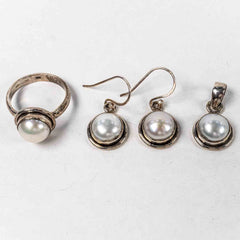 Set Bijuterii STILL Argint 925 - Pandantiv,  Inel,  Cercei, Perle de Cultura, Marime Inel 7, Alb Sidefat