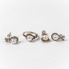 Set Bijuterii STILL Argint 925 - Pandantiv,  Inel,  Cercei, Perla de Cultura si Marcasite, Marime Inel 7, Alb Sidefat