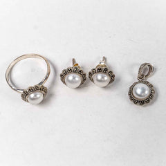 Set Bijuterii STILL Argint 925 - Pandantiv,  Inel,  Cercei, Perla de Cultura si Marcasite, Marime Inel 8, Alb Sidefat