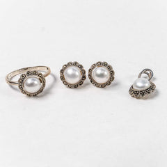 Set Bijuterii STILL Argint 925 - Pandantiv,  Inel,  Cercei, Perla de Cultura si Marcasite, Marime Inel 8, Alb Sidefat