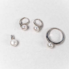 Set Bijuterii STILL Argint 925 - Pandantiv,  Inel,  Cercei, Perla de Cultura si Zirconia, Marime Inel 8, Alb sidefat