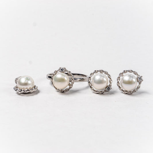 Set Bijuterii STILL Argint 925 - Pandantiv,  Inel,  Cercei, Perla de Cultura si Zirconia, Marime Inel 8,5, Alb sidefat