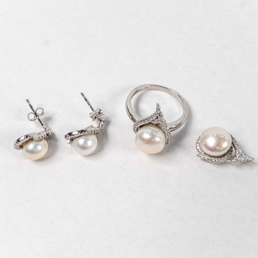 Set Bijuterii STILL Argint 925 - Pandantiv,  Inel,  Cercei, Perla de Cultura si Zirconia, Marime Inel 8, Alb sidefat