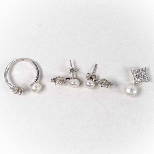 Set Bijuterii STILL Argint 925 - Pandantiv,  Inel,  Cercei, Perla de Cultura si Zirconia, Marime Inel 8, Alb sidefat