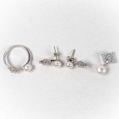 Set Bijuterii STILL Argint 925 - Pandantiv,  Inel,  Cercei, Perla de Cultura si Zirconia, Marime Inel 8, Alb sidefat