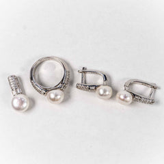 Set Bijuterii STILL Argint 925 - Pandantiv,  Inel,  Cercei, Perla de Cultura si Zirconia, Marime Inel 5, Alb sidefat