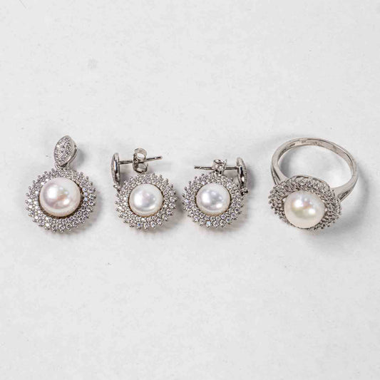 Set Bijuterii STILL Argint 925 - Pandantiv,  Inel,  Cercei, Perla de Cultura si Zirconia, Marime Inel 8, Alb sidefat