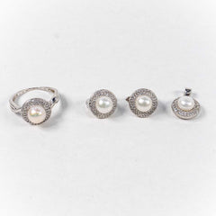 Set Bijuterii STILL Argint 925 - Pandantiv,  Inel,  Cercei, Perla de Cultura si Zirconia, Marime Inel 8, Alb sidefat