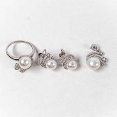 Set Bijuterii STILL Argint 925 - Pandantiv,  Inel,  Cercei, Perla de Cultura si Zirconia, Marime Inel 8,5, Alb sidefat