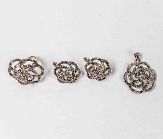 Set Bijuterii STILL Argint 925 - Pandantiv,  Inel,  Cercei, Marcasite, Marime Inel 6, Gri Metalic