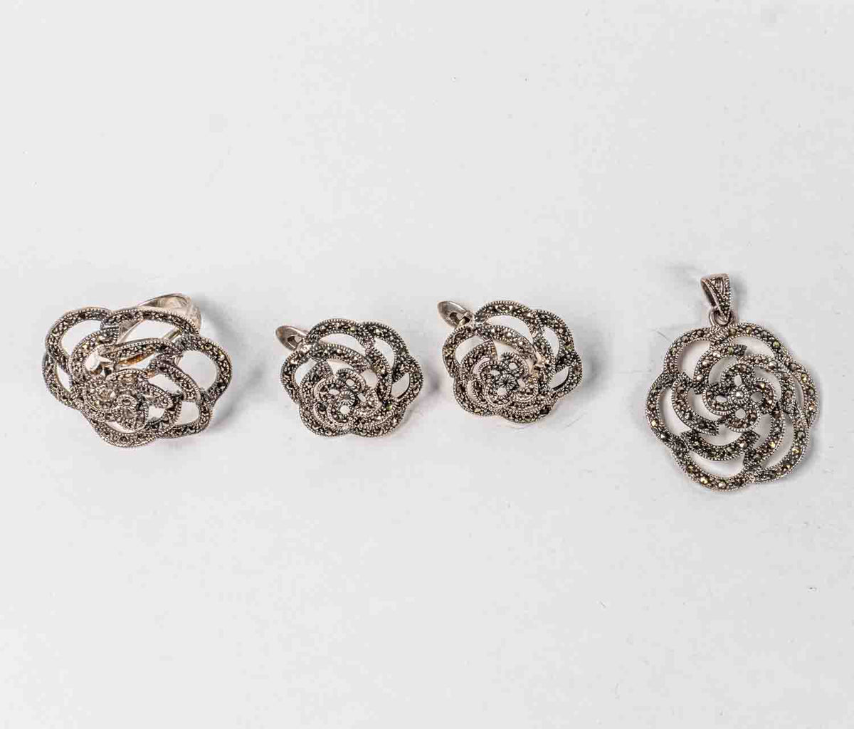 Set Bijuterii STILL Argint 925 - Pandantiv,  Inel,  Cercei, Marcasite, Marime Inel 6, Gri Metalic