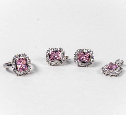 Set Bijuterii STILL Argint 925 - Pandantiv,  Inel,  Cercei, Zirconia, Marime Inel 8,9 si 6.5  Roz