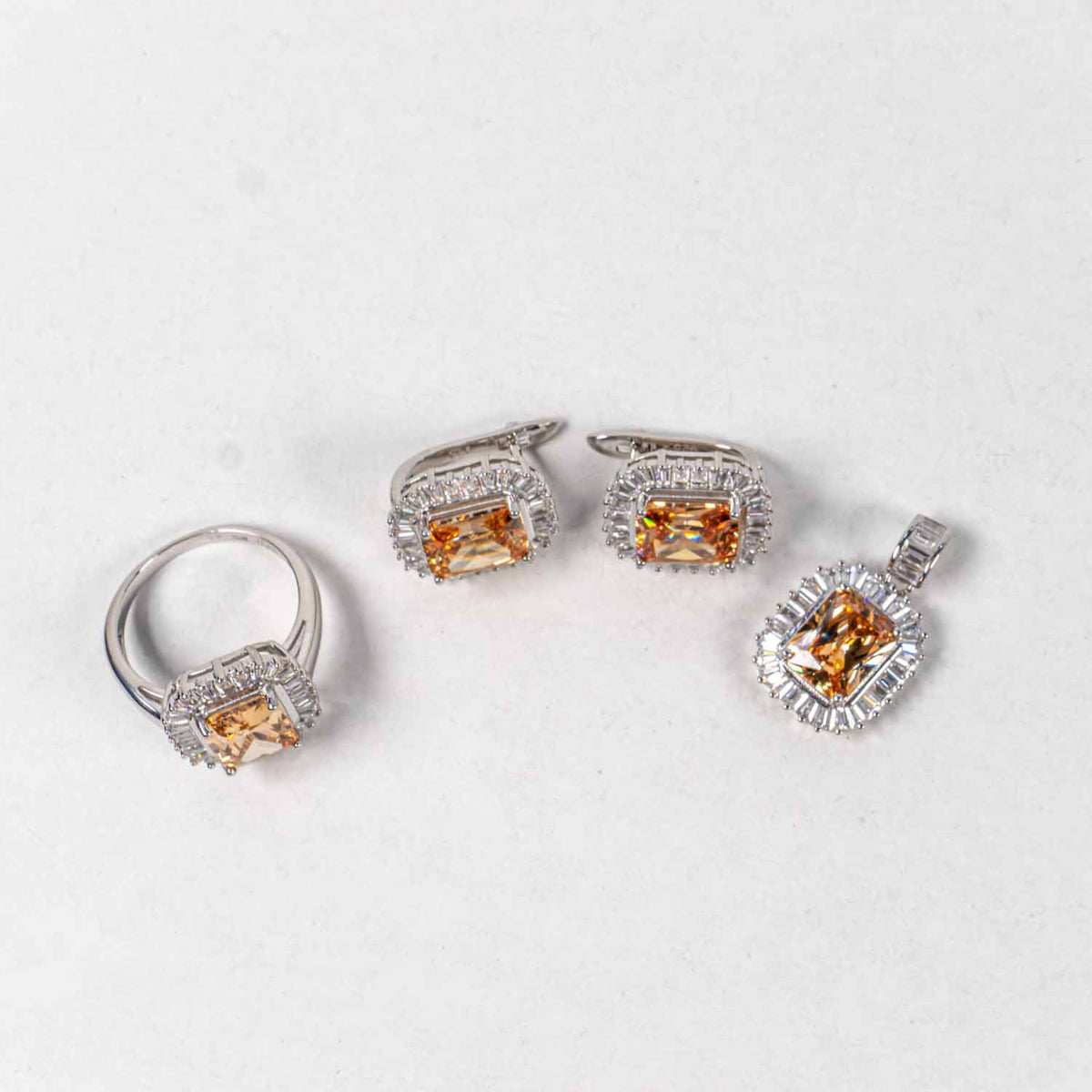 Set Bijuterii STILL Argint 925 - Pandantiv,  Inel,  Cercei, Morganit si Zirconia, Marime Inel 6, Piersiciu