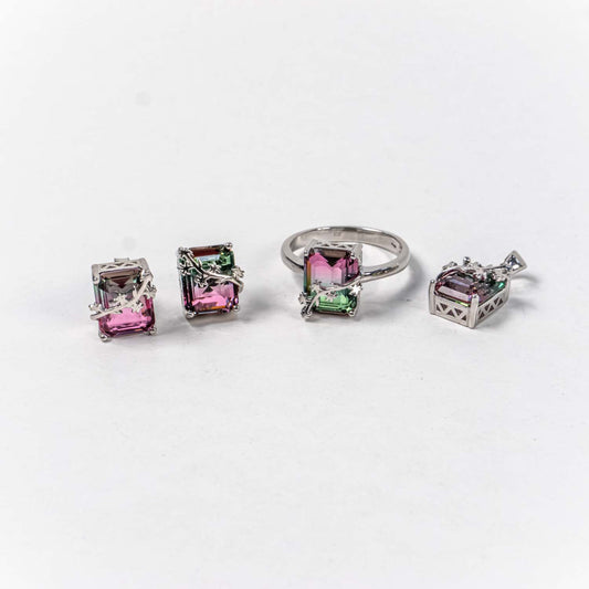 Set Bijuterii STILL Argint 925 - Pandantiv,  Inel,  Cercei, Turmalina Pepene Verde, Marime Inel 7, Multicolor