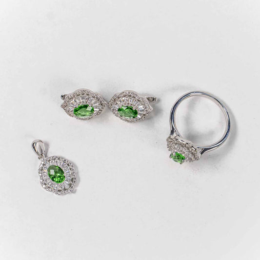 Set Bijuterii STILL Argint 925 - Pandantiv,  Inel,  Cercei, Turmalina si Zirconia, Marime Inel 8, Verde disponibil si cu piatra mov marime inel 8