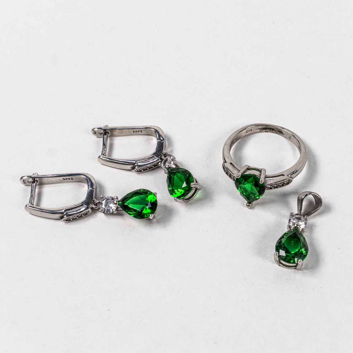 Set Bijuterii STILL Argint 925 - Pandantiv,  Inel,  Cercei, Zirconia si Marcasite, Marime Inel 6, Verde