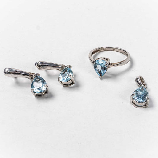 Set Bijuterii STILL Argint 925 - Pandantiv,  Inel,  Cercei, Aquamarin, Marime Inel 8, Albastru Deschis