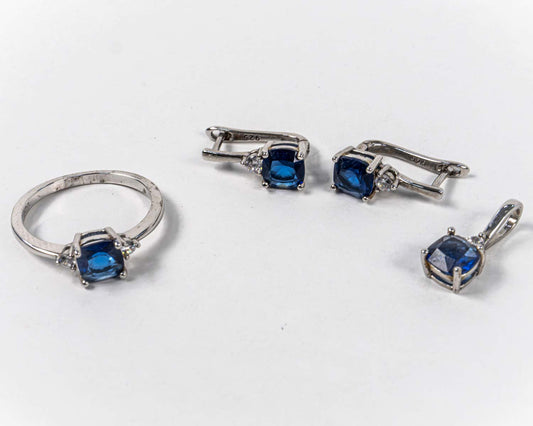 Set Bijuterii STILL Argint 925 - Pandantiv,  Inel,  Cercei, Zirconia, Marime Inel 7, Albastru