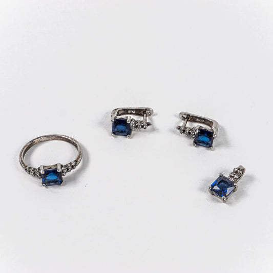 Set Bijuterii STILL Argint 925 - Pandantiv,  Inel,  Cercei, Zirconia, Marime Inel 6, Albastru