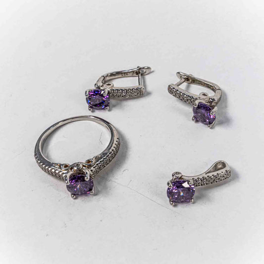 Set Bijuterii STILL Argint 925 - Pandantiv,  Inel,  Cercei, Zirconia, Marime Inel 8, Violet