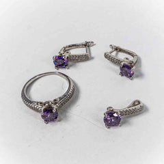 Set Bijuterii STILL Argint 925 - Pandantiv,  Inel,  Cercei, Zirconia, Marime Inel 8, Violet