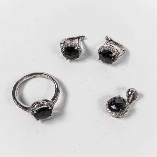 Set Bijuterii STILL Argint 925 - Pandantiv,  Inel,  Cercei, Zirconia, Marime Inel 7, Negru