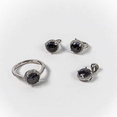 Set Bijuterii STILL Argint 925 - Pandantiv,  Inel,  Cercei, Zirconia, Marime Inel 7, Negru