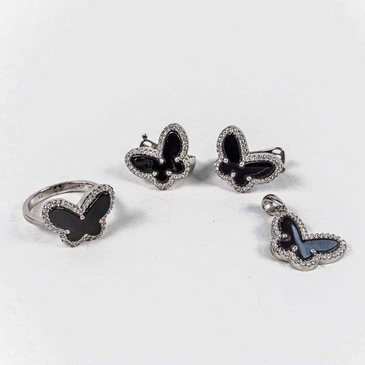 Set Bijuterii STILL Argint 925 - Pandantiv,  Inel,  Cercei, Onix si Zirconia, Marime Inel 6, Negru