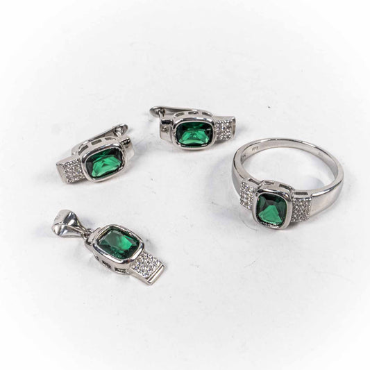 Set Bijuterii STILL Argint 925 - Pandantiv,  Inel,  Cercei, Zirconia, Marime Inel 9, Verde