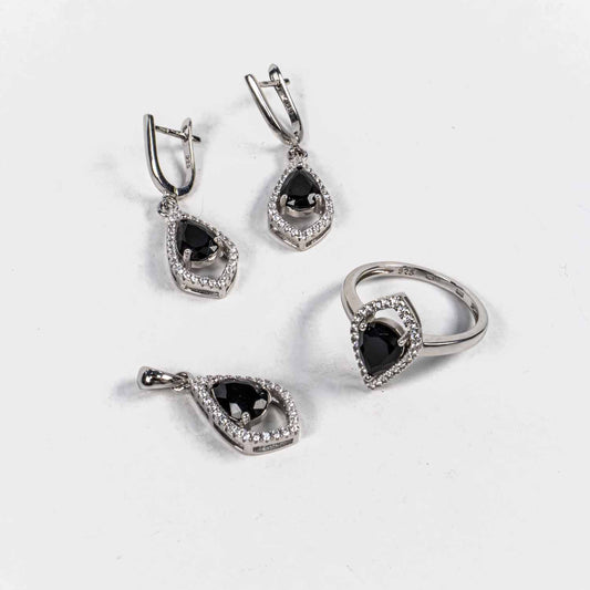 Set Bijuterii STILL Argint 925 - Pandantiv,  Inel,  Cercei, Zirconia, Marime Inel 7, Negru