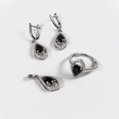 Set Bijuterii STILL Argint 925 - Pandantiv,  Inel,  Cercei, Zirconia, Marime Inel 7, Negru