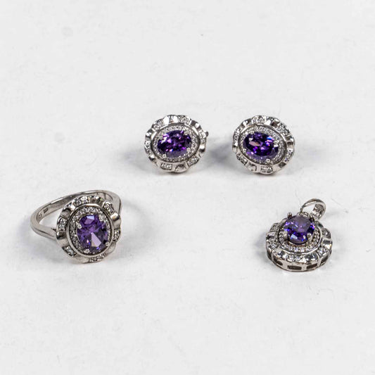 Set Bijuterii STILL Argint 925 - Pandantiv,  Inel,  Cercei, Ametist si Zirconia, Marime Inel 6, Violet