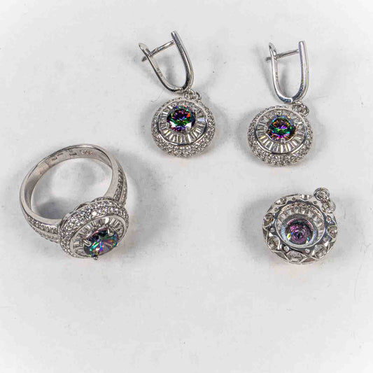 Set Bijuterii STILL Argint 925 - Pandantiv,  Inel,  Cercei, Topaz Mistic si Zirconia, Marime Inel 8, Multicolor