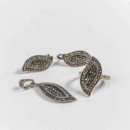 Set Bijuterii STILL Argint 925 - Pandantiv,  Inel,  Cercei, Marcasite, Marime Inel 8, Gri Metalic