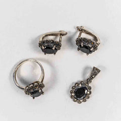 Set Bijuterii STILL Argint 925 - Pandantiv,  Inel,  Cercei, Zirconia si Marcasite, Marime Inel 8, Negru