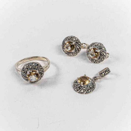 Set Bijuterii STILL Argint 925 - Pandantiv,  Inel,  Cercei, Sultanit si Marcasite, Marime Inel 8,5Variabila