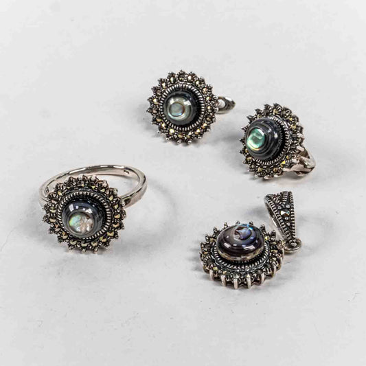 Set Bijuterii STILL Argint 925 - Pandantiv,  Inel,  Cercei, Sidef Paua si Marcasite, Marime Inel 7, Multicolor