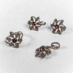 Set Bijuterii STILL Argint 925 - Pandantiv,  Inel,  Cercei, Zirconia si Marcasite, Marime Inel 7,5, Rosu