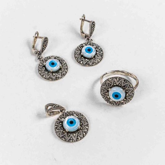 Set Bijuterii STILL Argint 925 - Pandantiv,  Inel,  Cercei, Sidef si Marcasite, Marime Inel 9, Multicolor