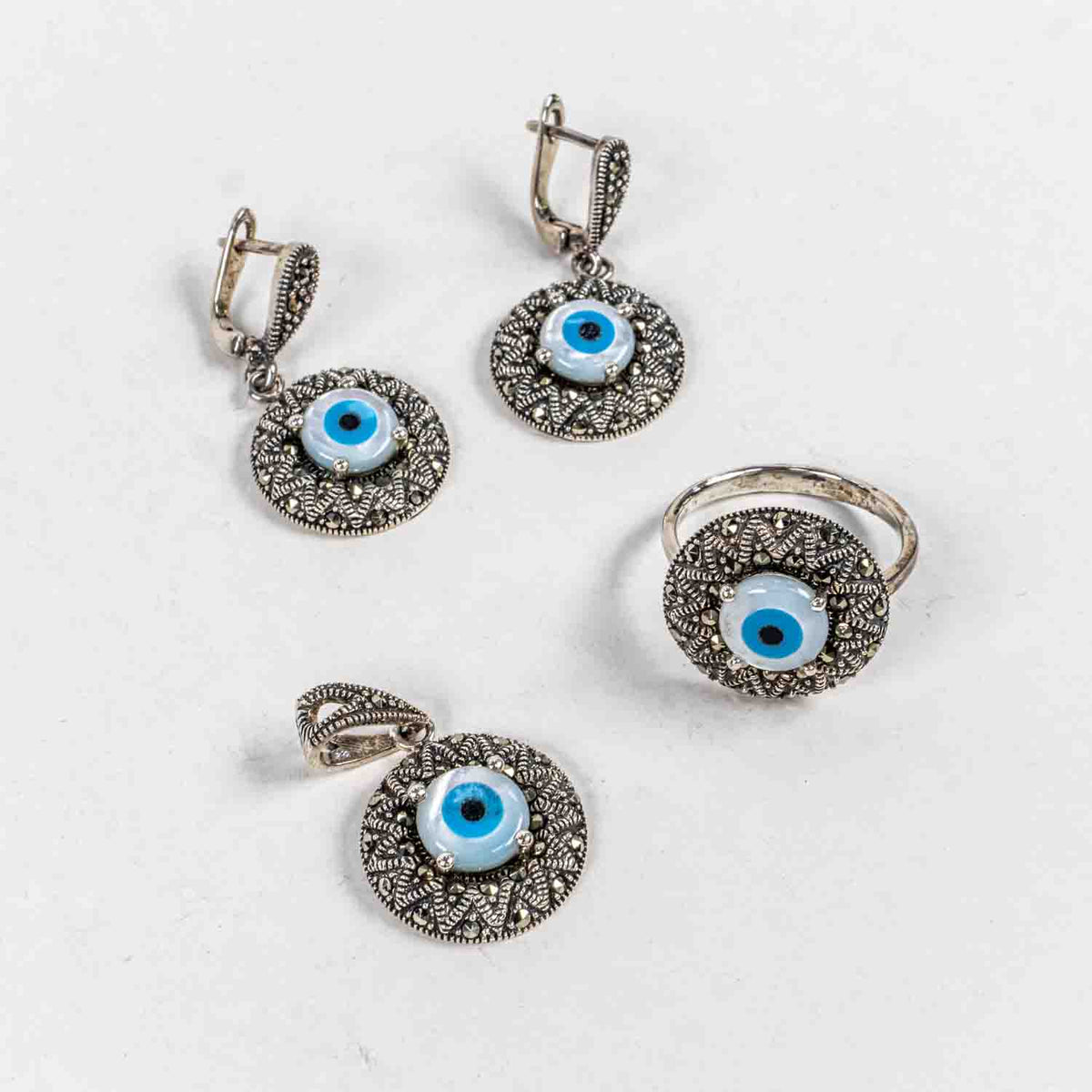 Set Bijuterii STILL Argint 925 - Pandantiv,  Inel,  Cercei, Sidef si Marcasite, Marime Inel 9, Multicolor